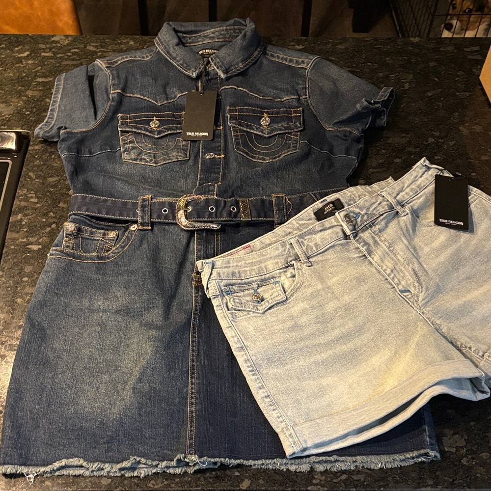 True Religion Denim Midi Dress - Dark and Light Blue Shorts Women’s Size XL 34